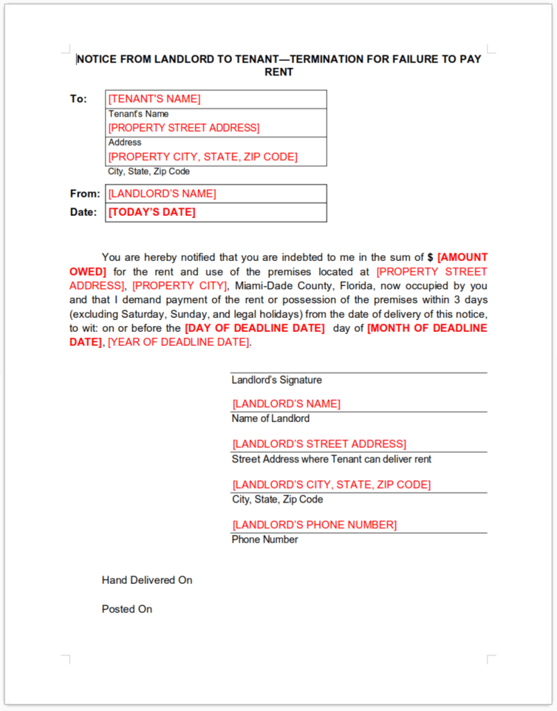 Screenshot of editable template of the 3-day Notice for overdue rent for Miami-Dade County