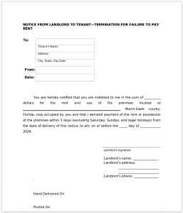 3-day NOTICE FROM LANDLORD TO TENANT - TERMINATION FOR FAILURE TO PAY RENT for Miami-Dade County.