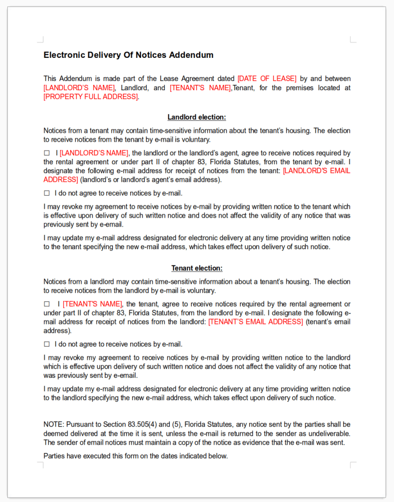 Screenshot of the Florida Electronic Delivery Of Notices Addendum template file, showing the title, sections for landlord and tenant information.