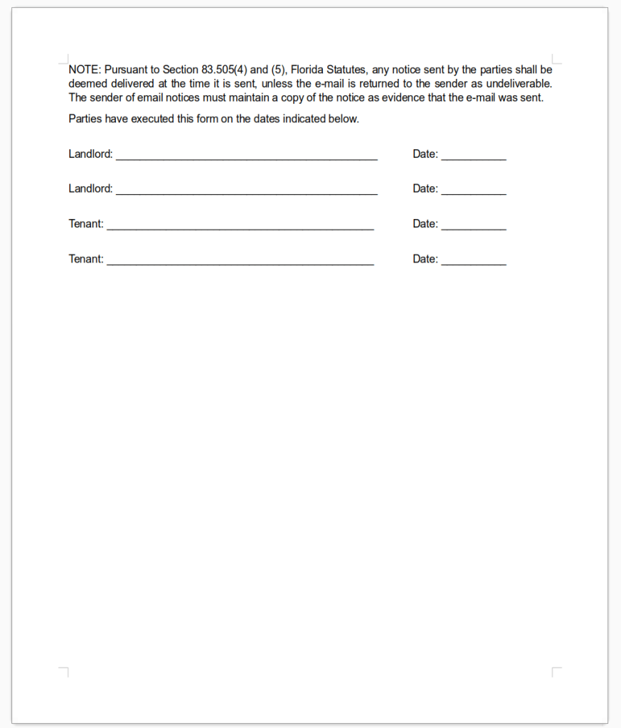 Screenshot of page 2 of the Florida Electronic Delivery Of Notices Addendum template file, showing the section for landlord and tenant signatures.