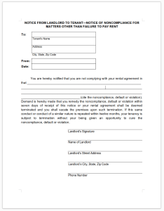 7 day notice to remedy lease violation for Miami-Dade County, NOTICE FROM LANDLORD TO TENANT - NOTICE OF NONCOMPLIANCE FOR MATTERS OTHER THAN FAILURE TO PAY RENT