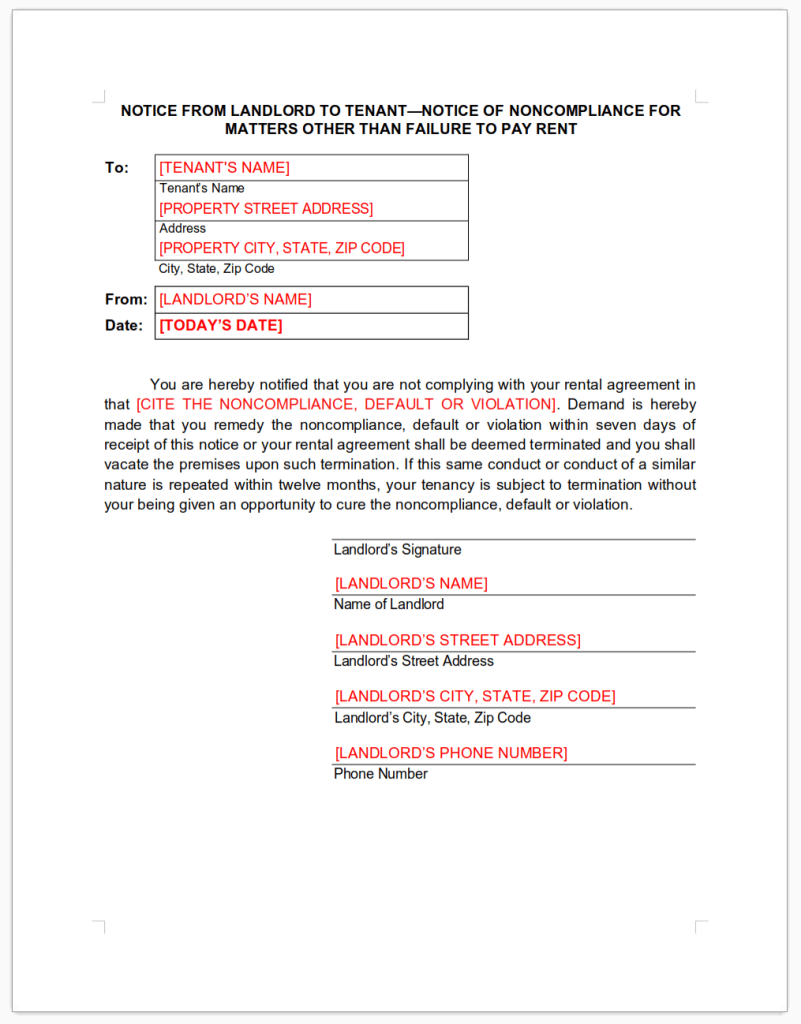 Editable template of the 7-day notice to remedy a lease violation, "Notice From Landlord To Tenant – Notice Of Noncompliance For Matters Other Than Failure To Pay Rent".